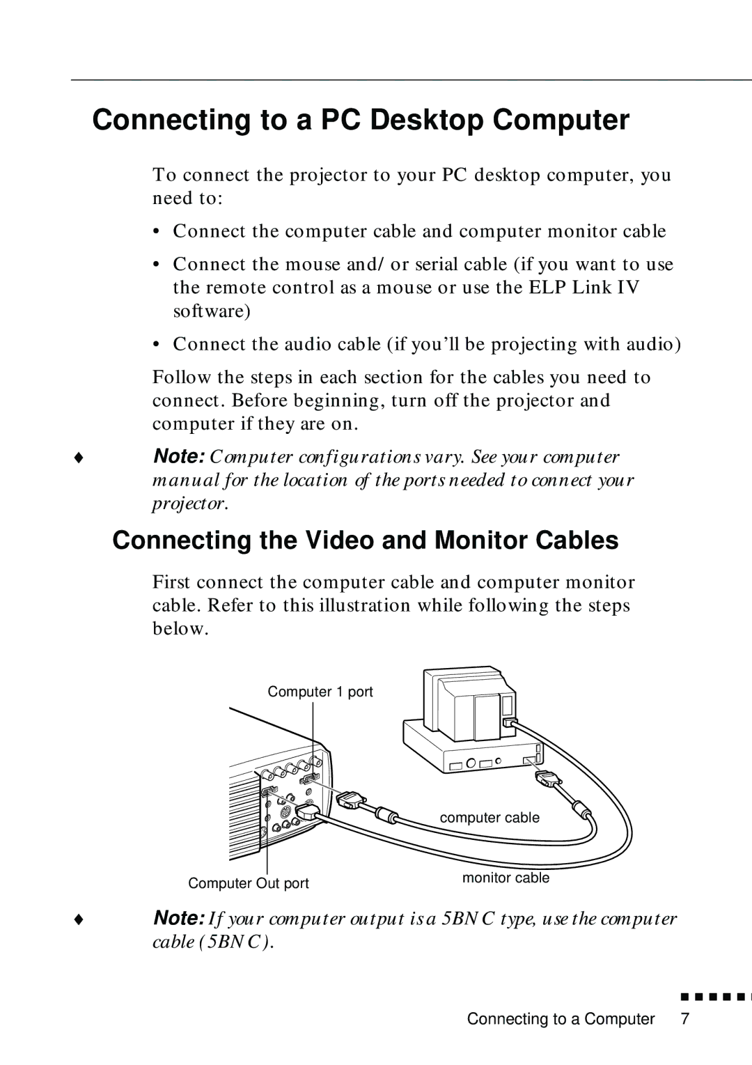 Epson EMP-8000 manual Connecting to a PC Desktop Computer, Connecting the Video and Monitor Cables 