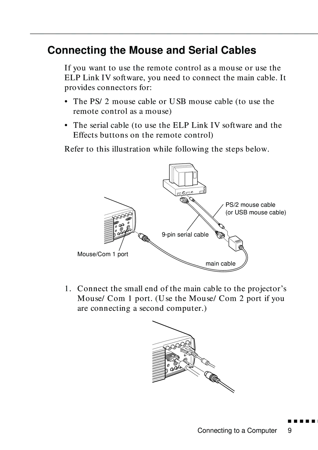 Epson EMP-8000 manual Connecting the Mouse and Serial Cables 