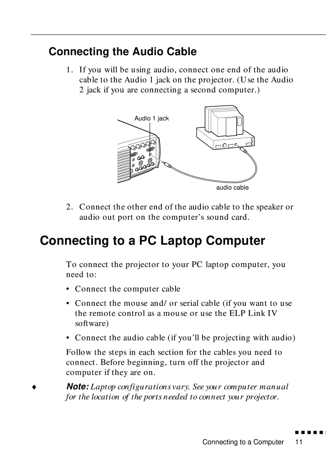 Epson EMP-8000 manual Connecting to a PC Laptop Computer, Connecting the Audio Cable 