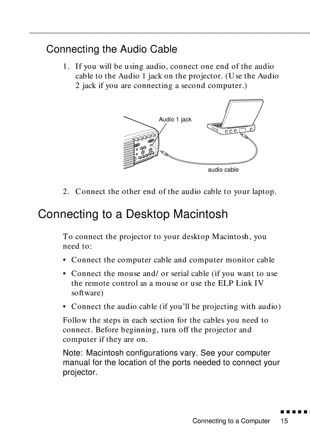 Epson EMP-8000 manual Connecting to a Desktop Macintosh, Connecting the Audio Cable 