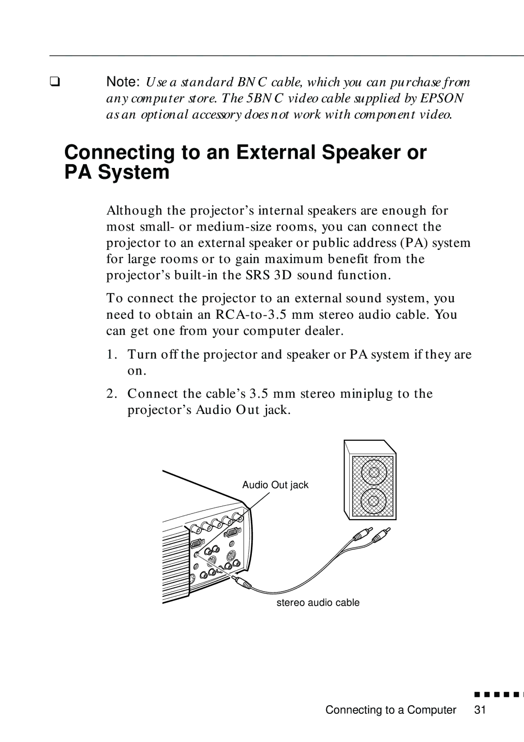 Epson EMP-8000 manual Connecting to an External Speaker or PA System 