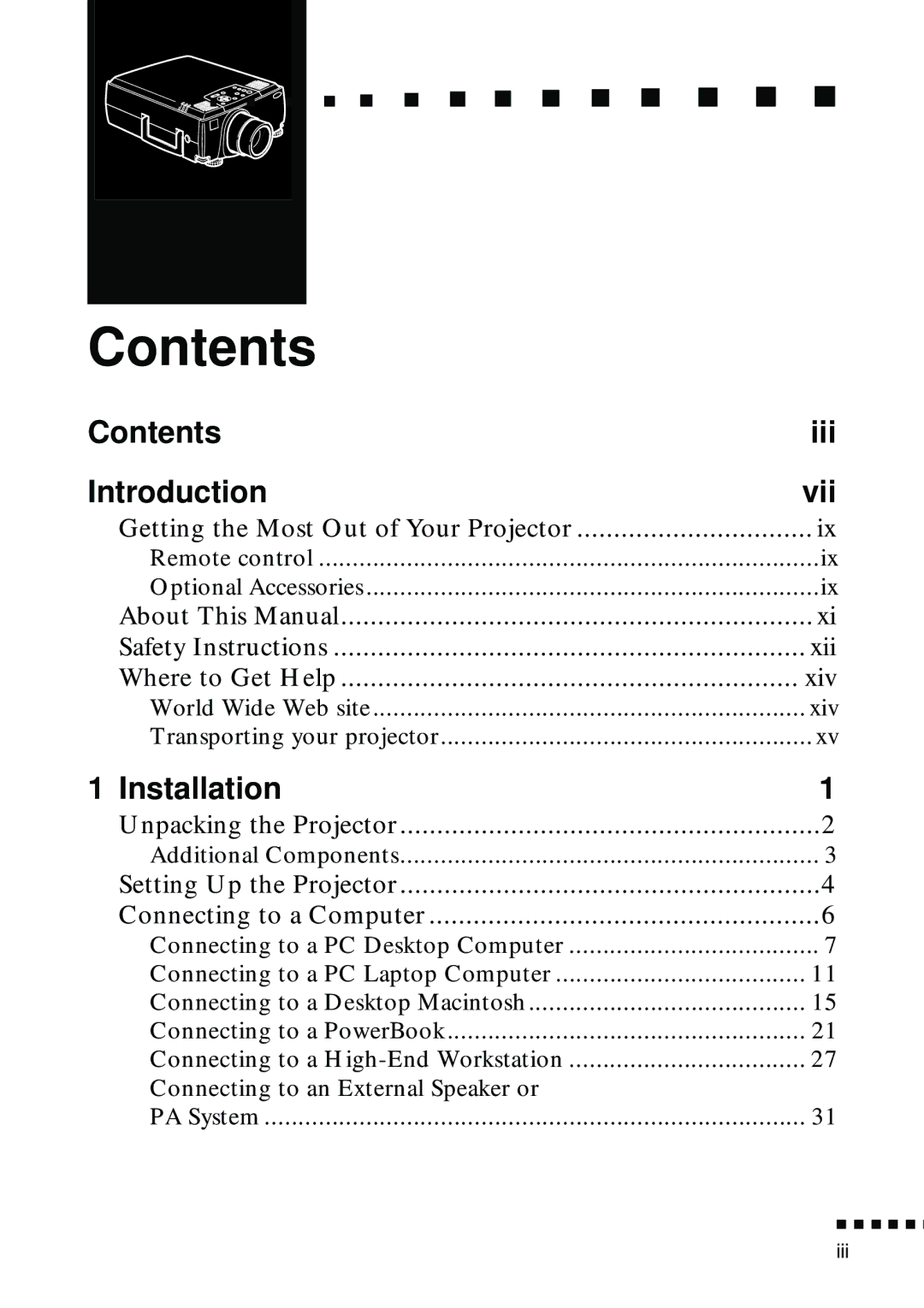 Epson EMP-8000 manual Contents 