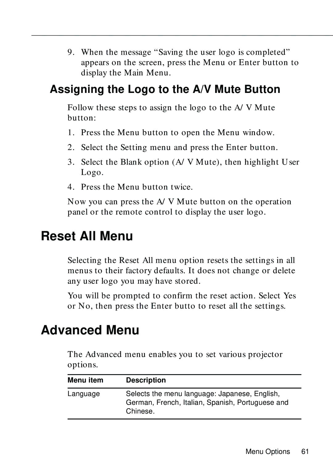 Epson EMP-8000 manual Reset All Menu, Advanced Menu, Assigning the Logo to the A/V Mute Button 