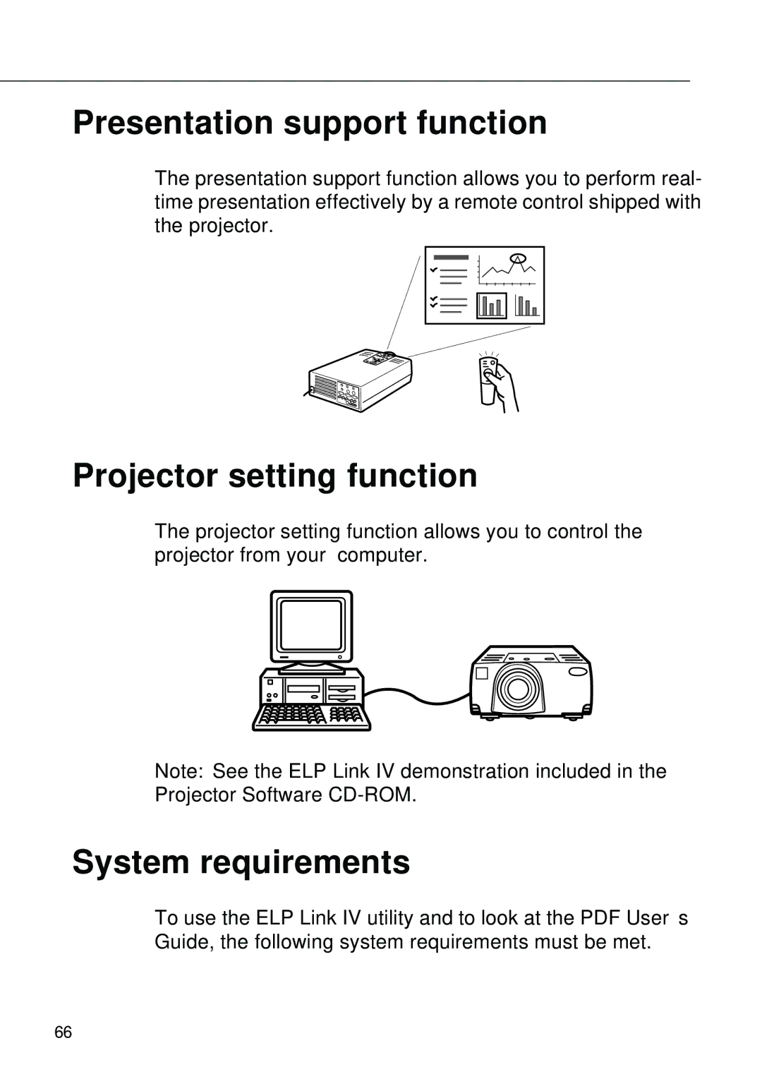 Epson EMP-8000 manual Presentation support function, Projector setting function, System requirements 