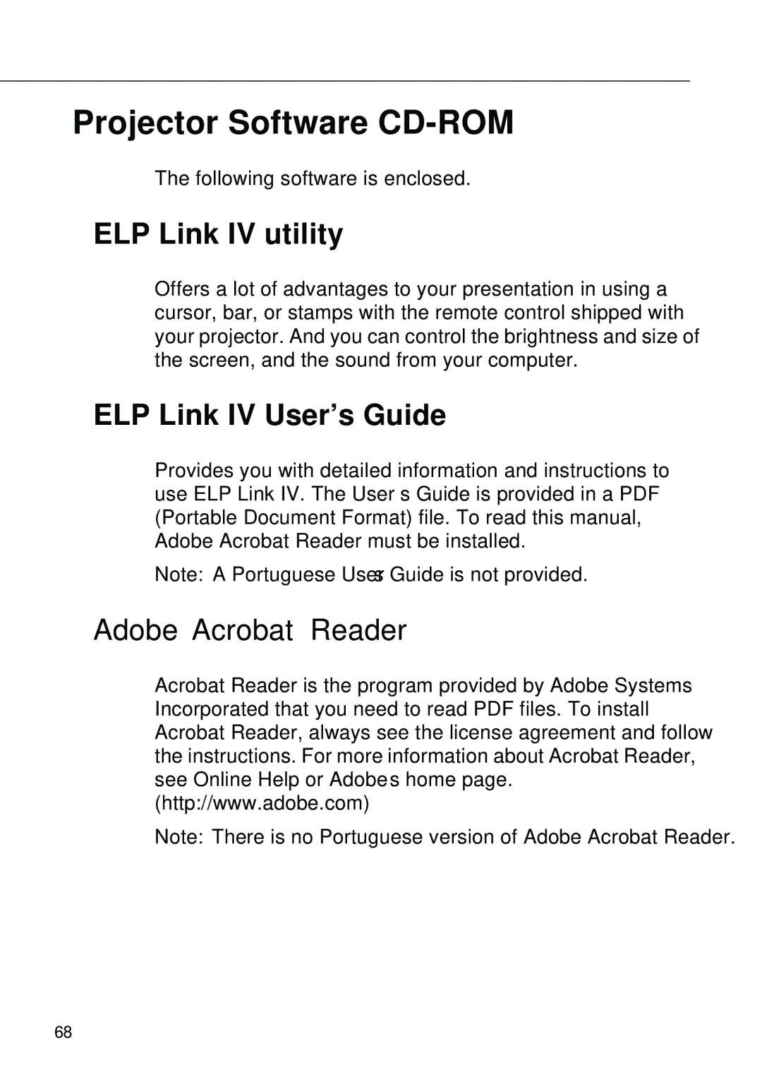 Epson EMP-8000 manual Projector Software CD-ROM, ELP Link IV utility, ELP Link IV User’s Guide Adobe Acrobat Reader 