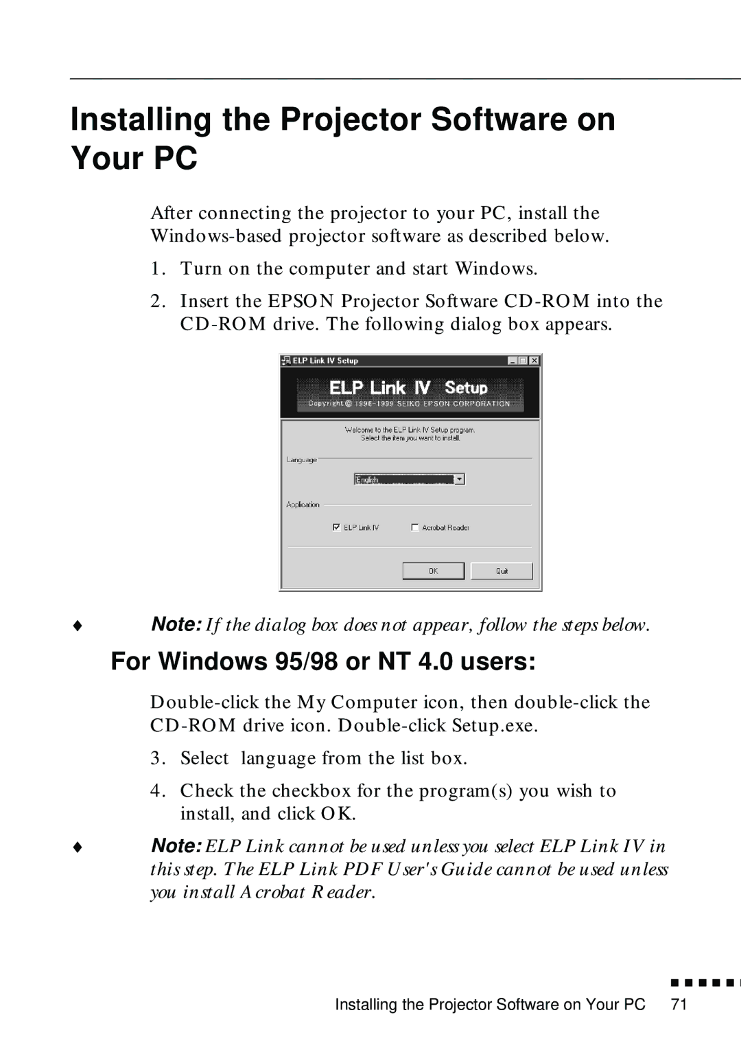 Epson EMP-8000 manual Installing the Projector Software on Your PC, For Windows 95/98 or NT 4.0 users 