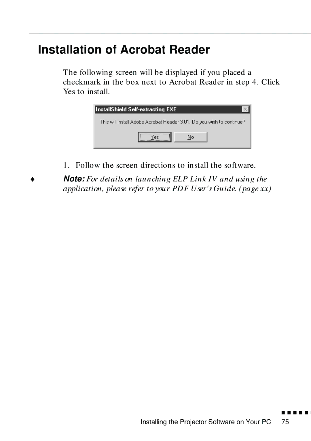 Epson EMP-8000 manual Installation of Acrobat Reader 