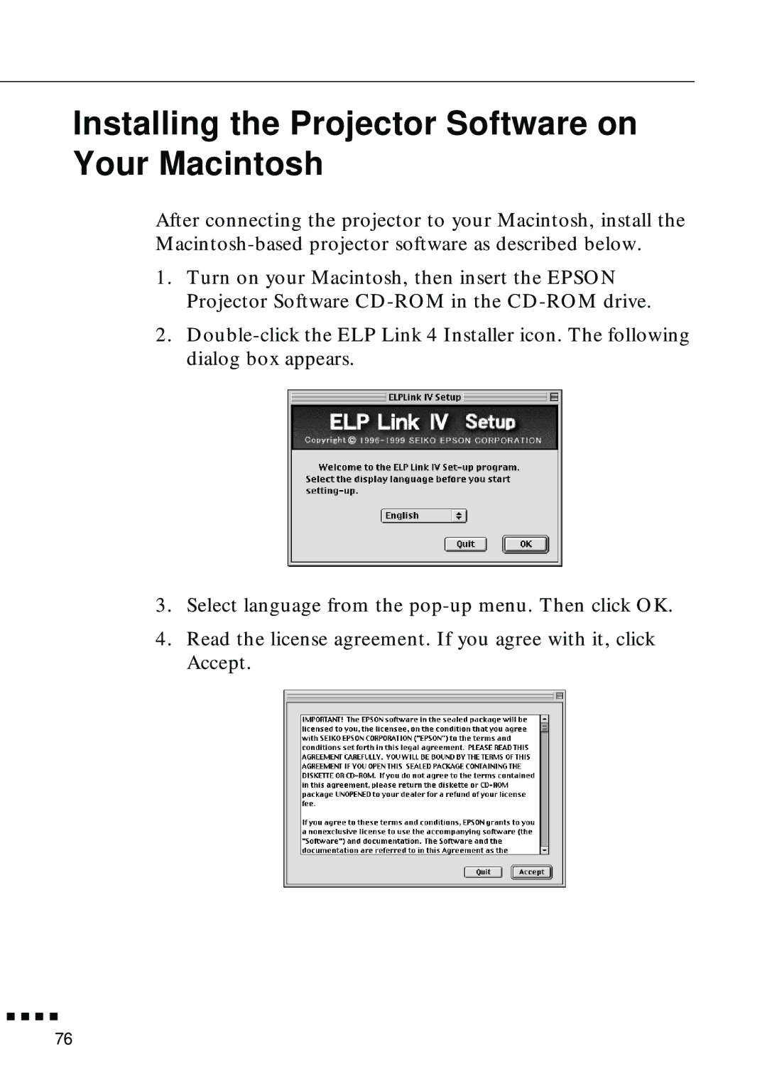 Epson EMP-8000 manual Installing the Projector Software on Your Macintosh 