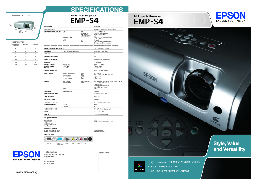 Epson EMP-S4 specifications Specifications, Unique A/V Mute Slide Function, Quick Start-upAnd “Instant Off” Shutdown 