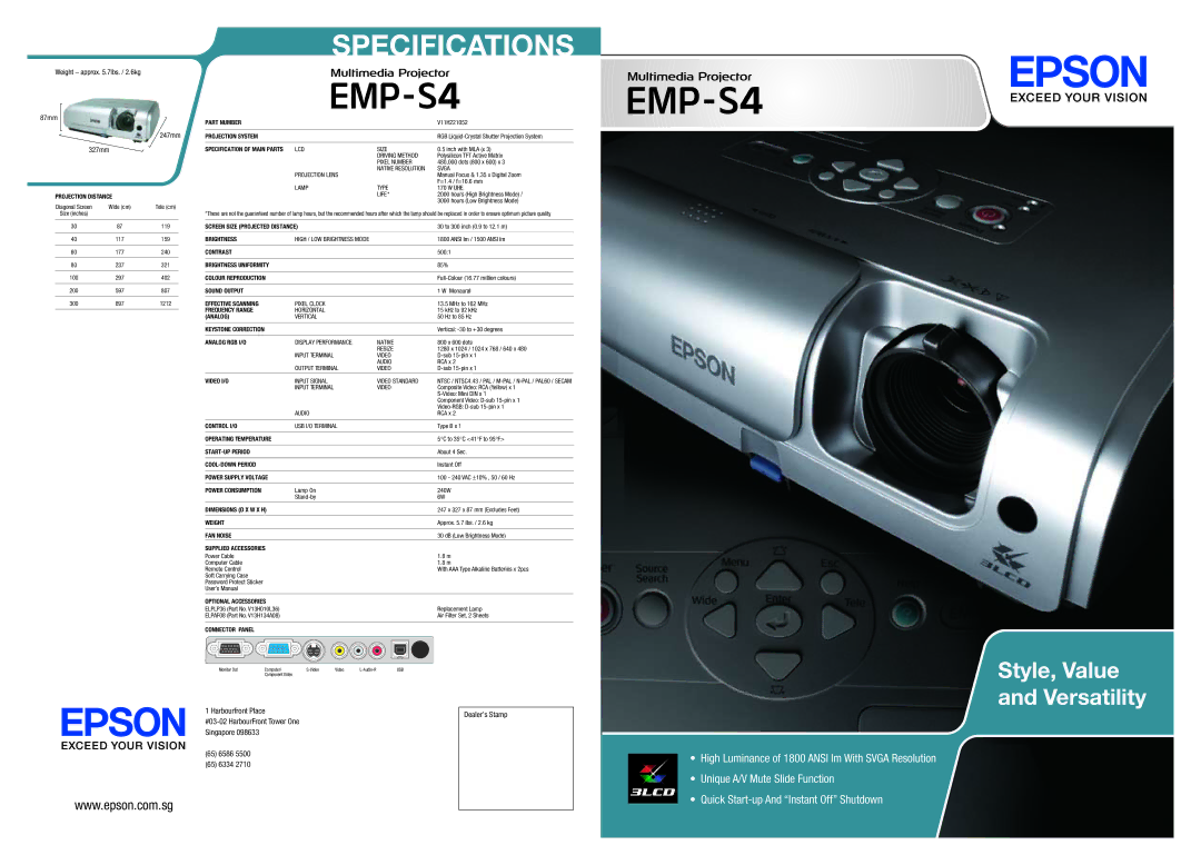 Epson EMP-S4 specifications Projection Distance, Part Number, Projection System, Screen Size Projected Distance, Contrast 