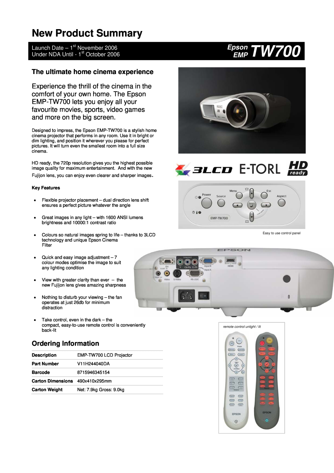 Epson EMP-TW700 dimensions The ultimate home cinema experience, Ordering Information, New Product Summary, Epson TW700 EMP 