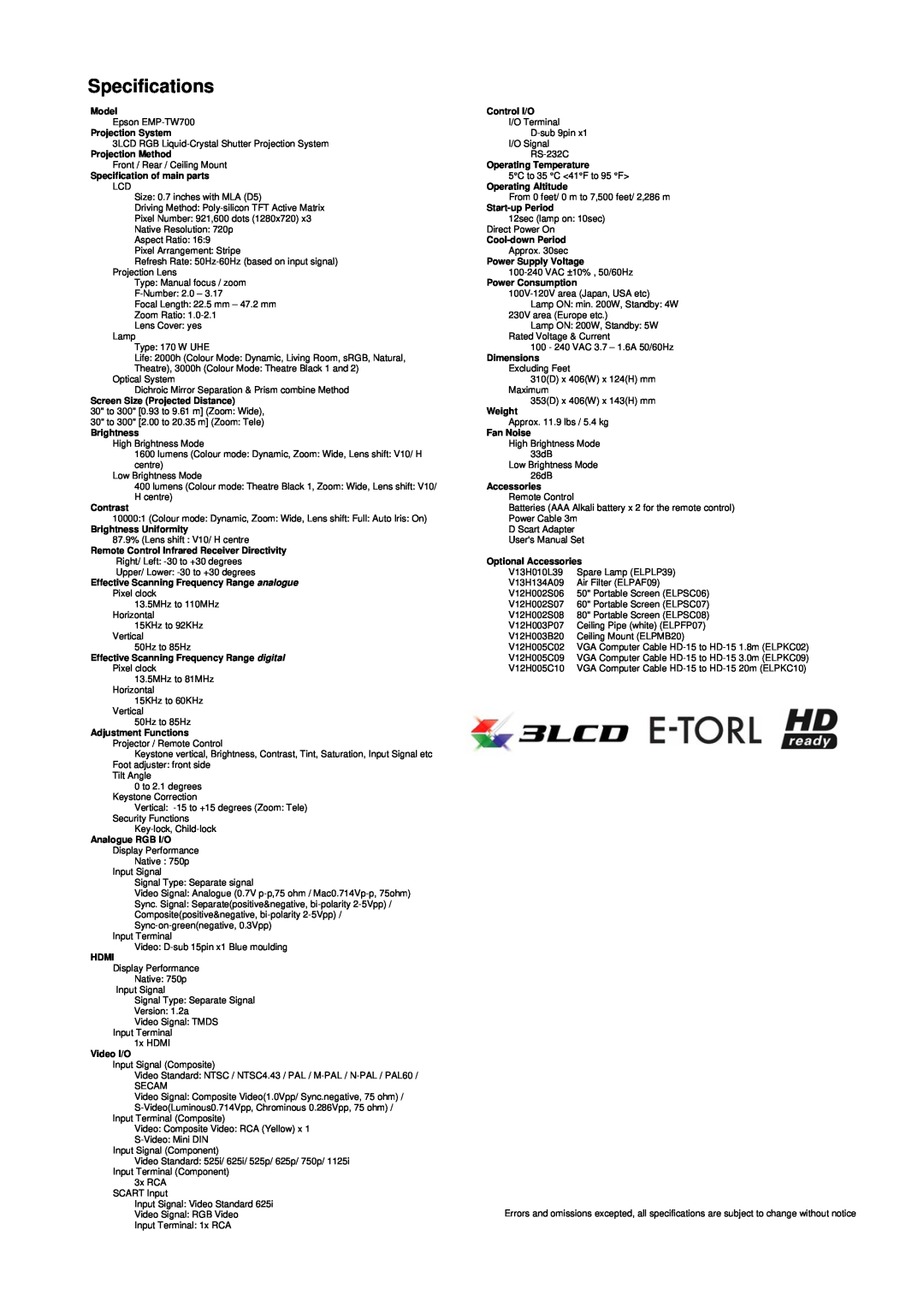 Epson EMP-TW700 dimensions Specifications 