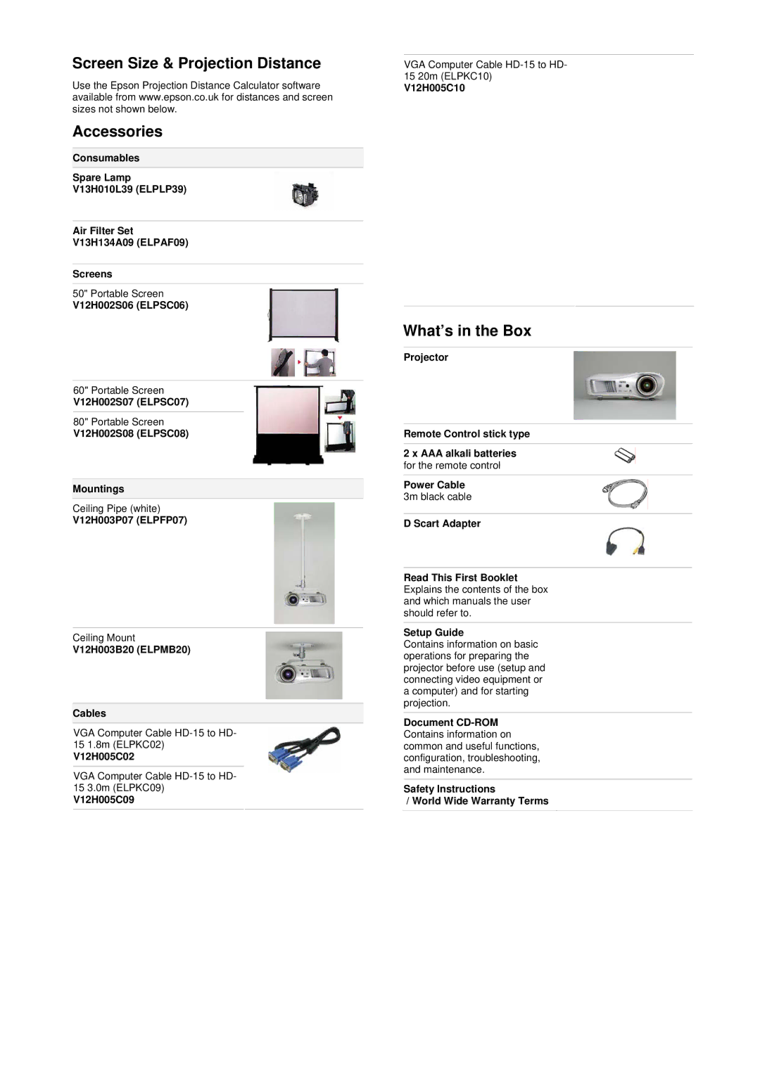 Epson EMP-TW700 dimensions Screen Size & Projection Distance Accessories, What’s in the Box 