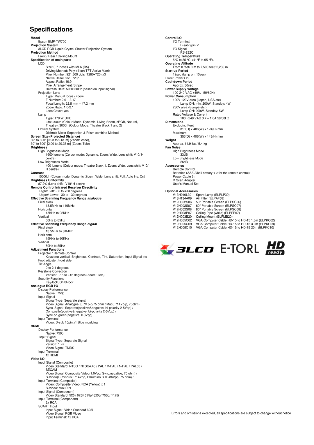 Epson EMP-TW700 dimensions Specifications 