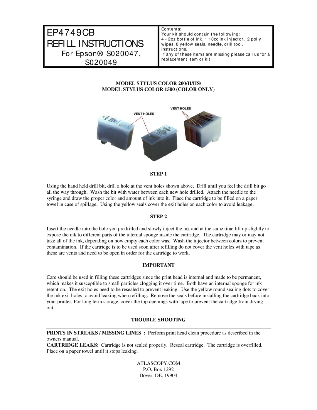 Epson EP4749CB owner manual Refill Instructions, For Epson S020047 S020049, Trouble Shooting 