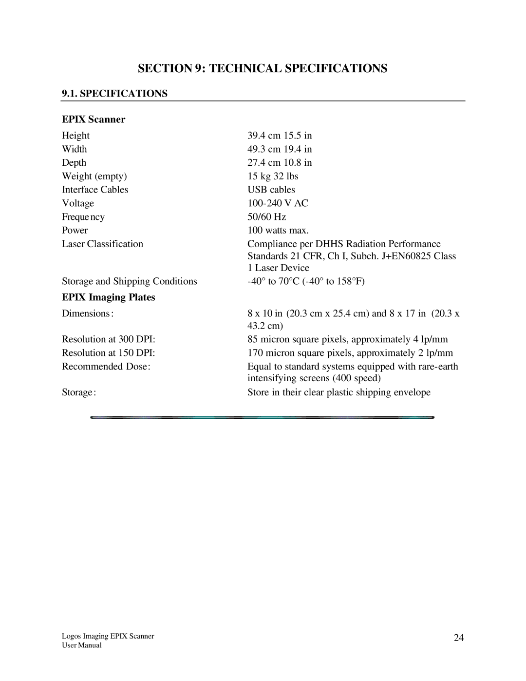 Epson EPIX manual Technical Specifications, Epix Scanner, Epix Imaging Plates 