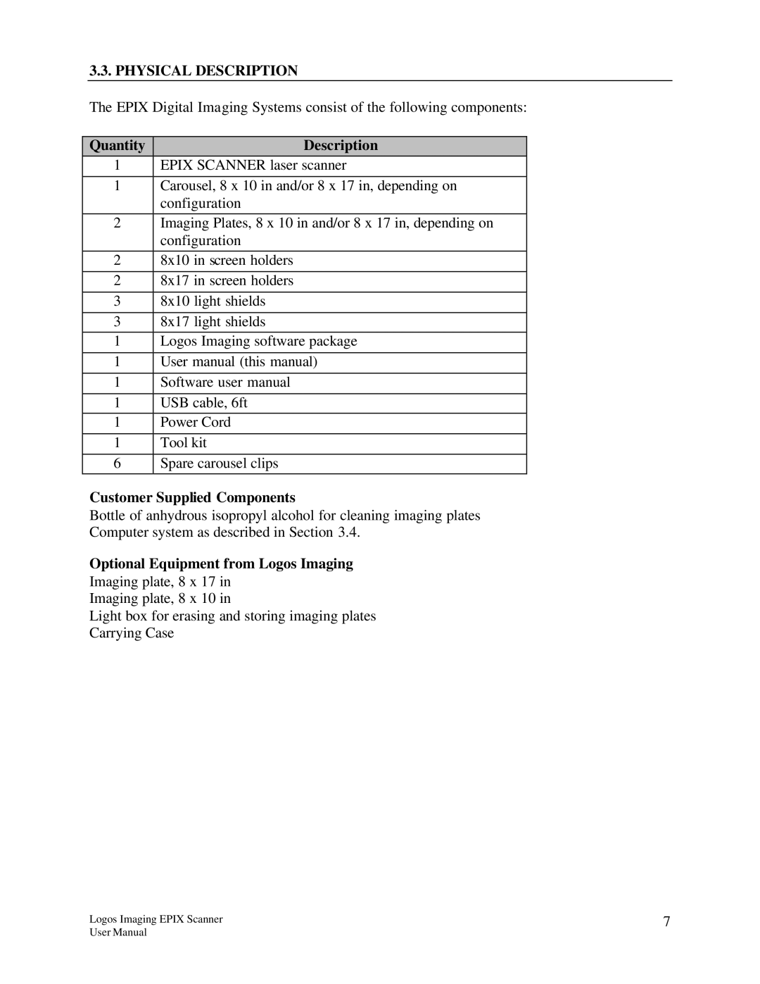 Epson EPIX Physical Description, Quantity Description, Customer Supplied Components, Optional Equipment from Logos Imaging 