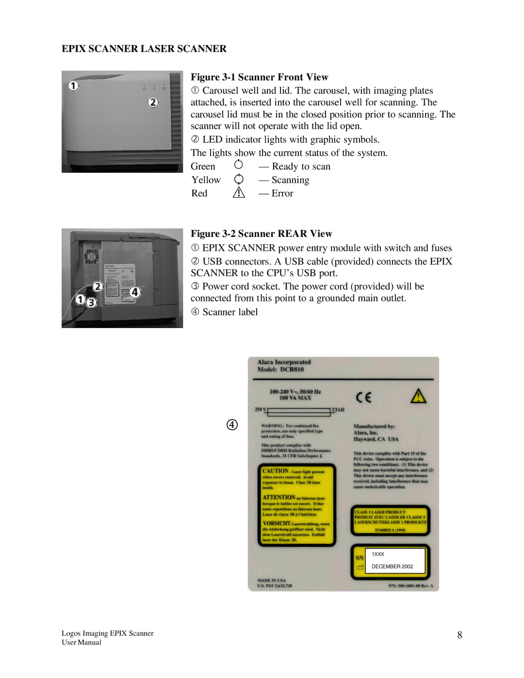 Epson EPIX manual Epix Scanner Laser Scanner, Scanner Front View 