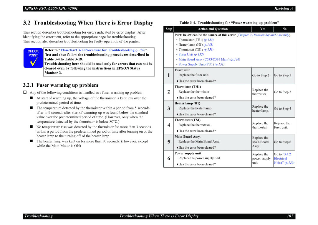 Epson EPL-6200L service manual Troubleshooting When There is Error Display, Fuser warming up problem 