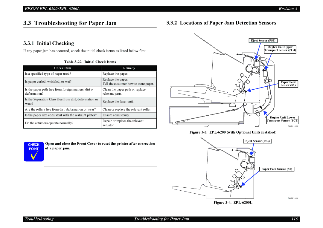 Epson EPL-6200L service manual Troubleshooting for Paper Jam, Initial Checking, Locations of Paper Jam Detection Sensors 