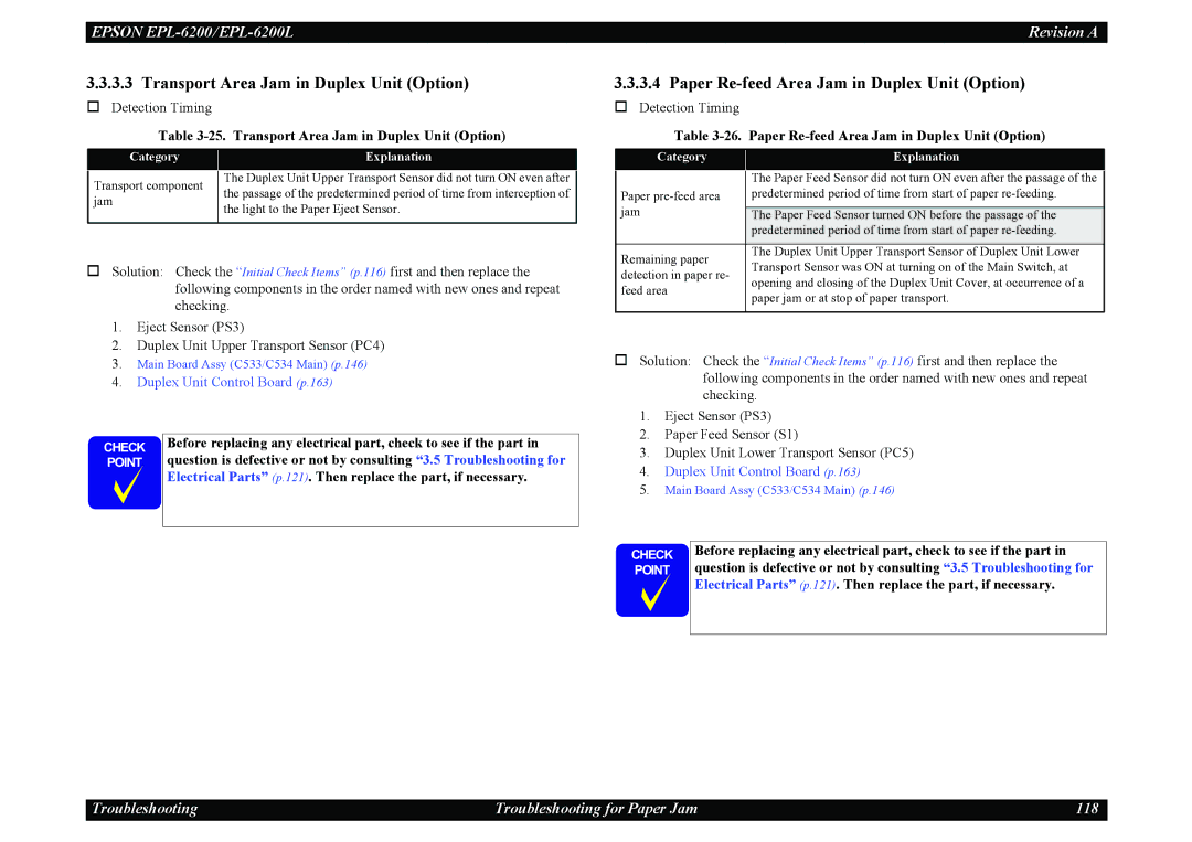 Epson EPL-6200L service manual Transport Area Jam in Duplex Unit Option, Paper Re-feed Area Jam in Duplex Unit Option 