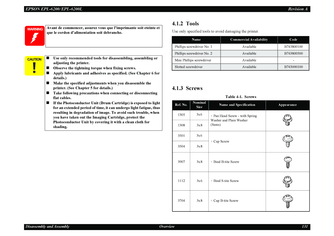 Epson EPL-6200L service manual Tools, Screws, Que le cordon d’alimentation soit debranche 