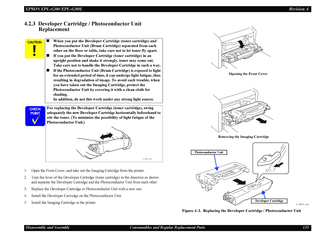 Epson EPL-6200L service manual Developer Cartridge / Photoconductor Unit Replacement 