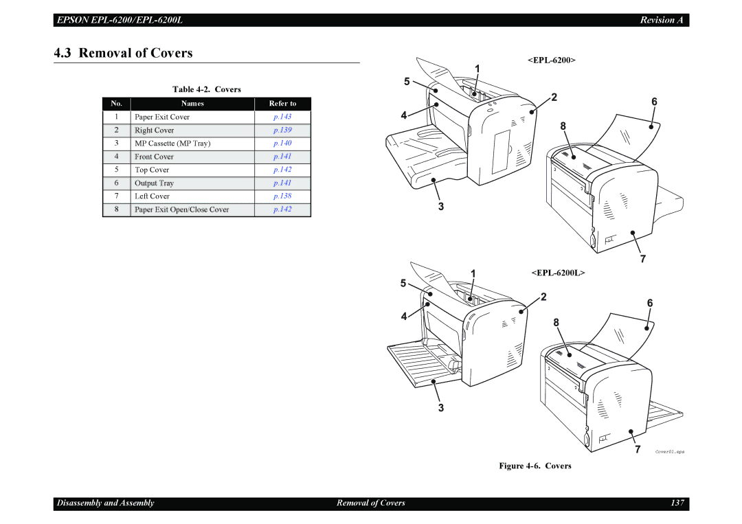 Epson service manual Removal of Covers, EPL-6200 EPL-6200L, Names Refer to 