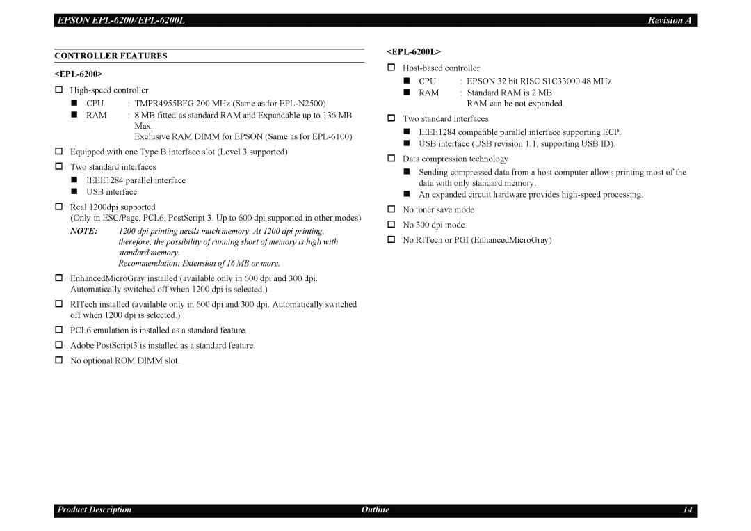 Epson service manual Controller Features, EPL-6200L 