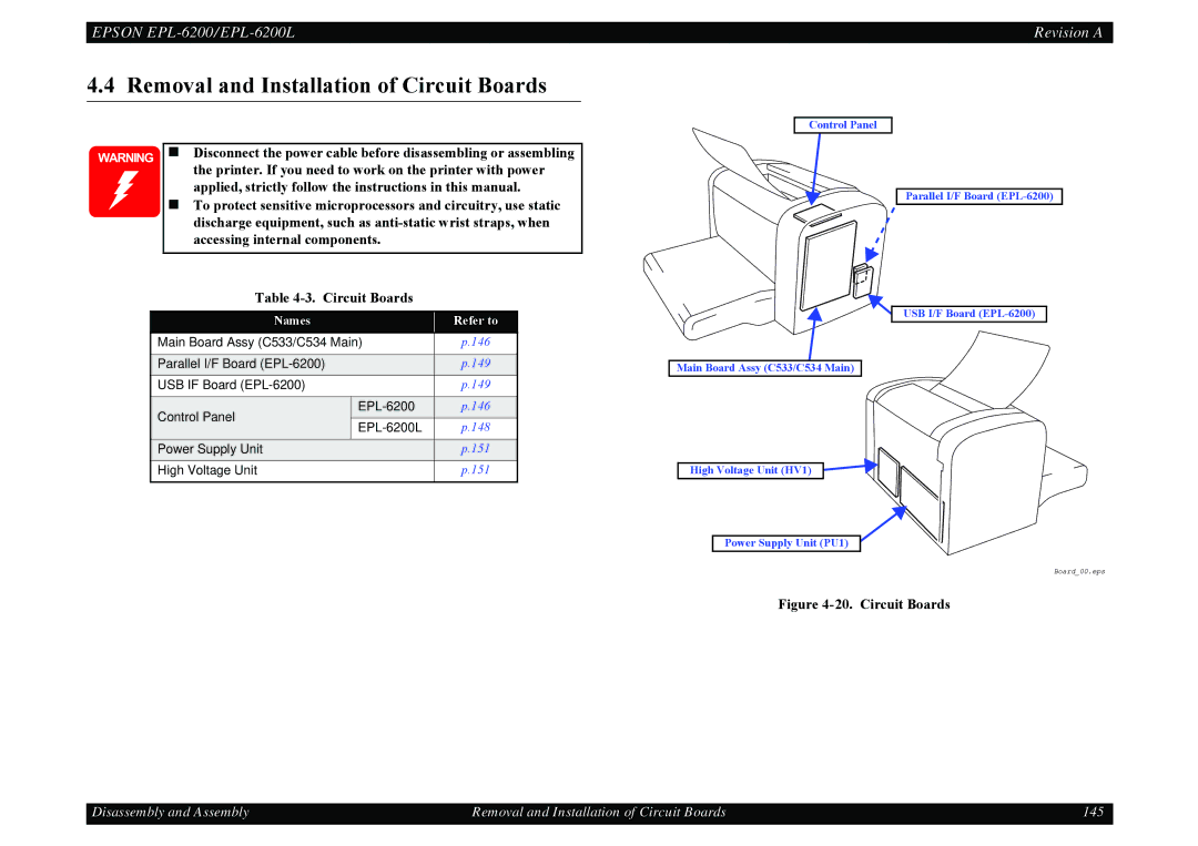 Epson EPL-6200L service manual Removal and Installation of Circuit Boards 