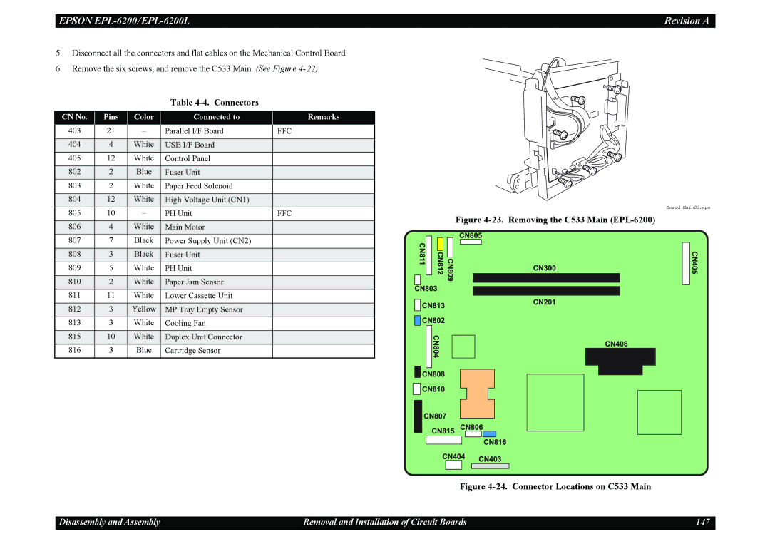 Epson EPL-6200L service manual Connectors, Pins Color Connected to Remarks 