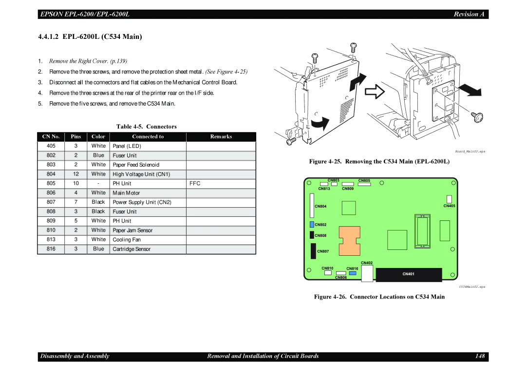 Epson service manual EPL-6200L C534 Main, CN No Pins Color Connected to Remarks 