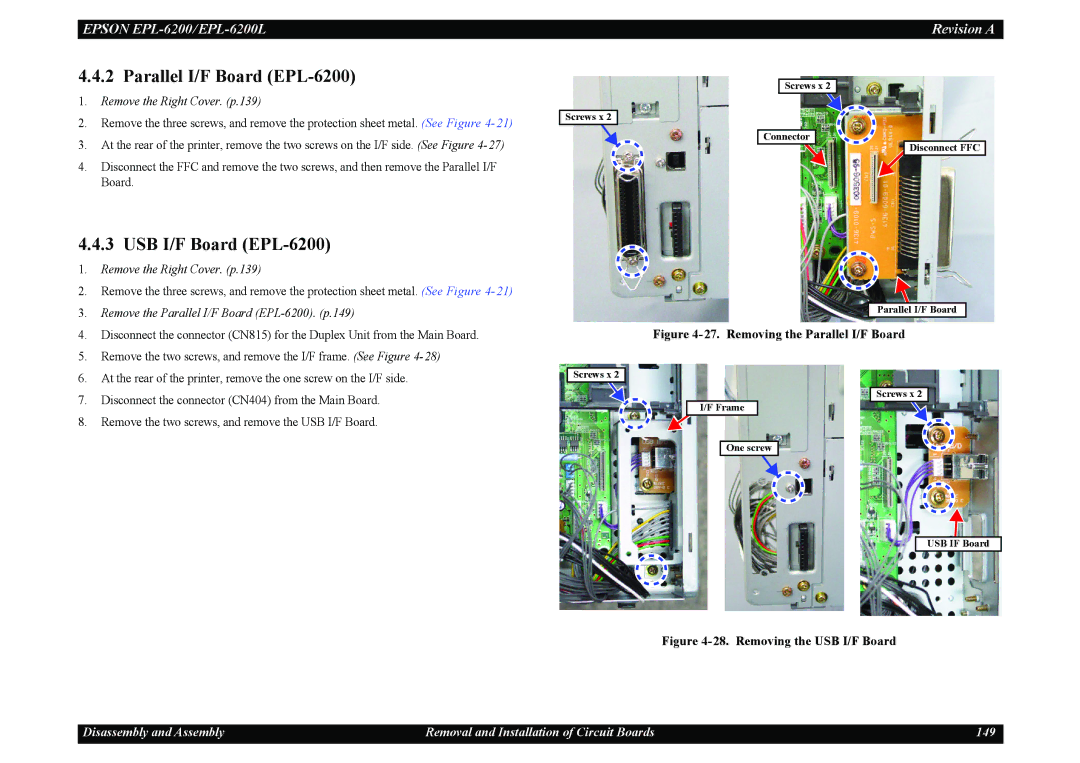 Epson EPL-6200L service manual Parallel I/F Board EPL-6200, USB I/F Board EPL-6200 