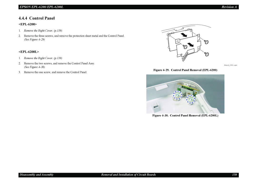Epson EPL-6200L service manual Control Panel Removal EPL-6200 