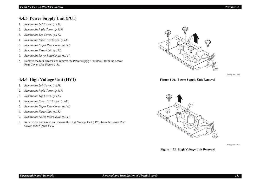 Epson EPL-6200L service manual Power Supply Unit PU1, High Voltage Unit HV1 