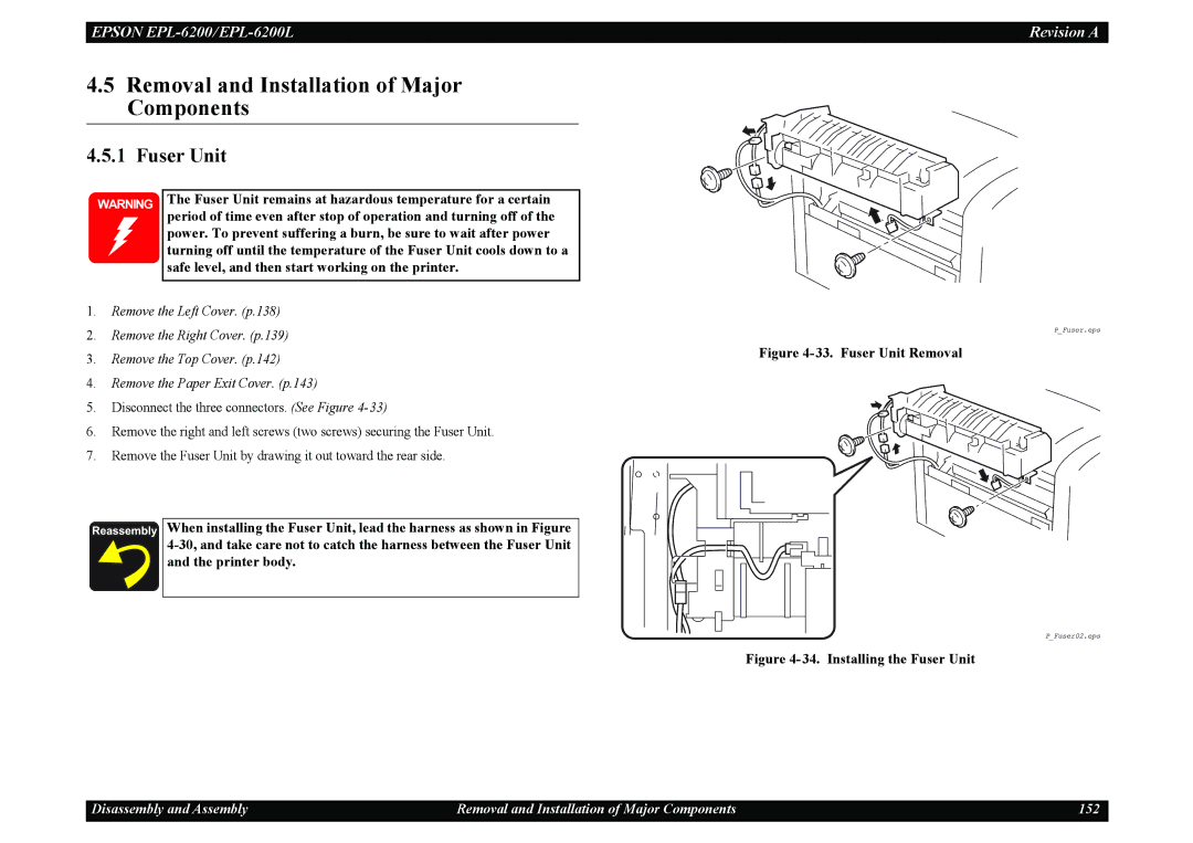 Epson EPL-6200 Removal and Installation of Major Components, Fuser Unit, Safe level, and then start working on the printer 