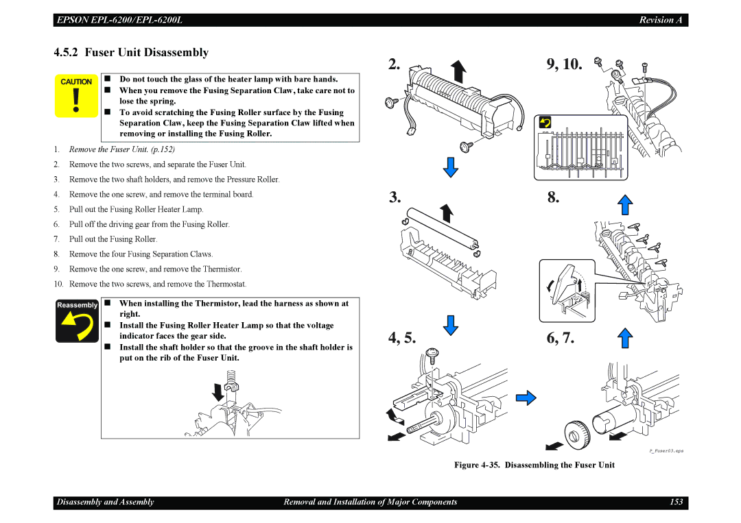 Epson EPL-6200L service manual Fuser Unit Disassembly, Disassembling the Fuser Unit 