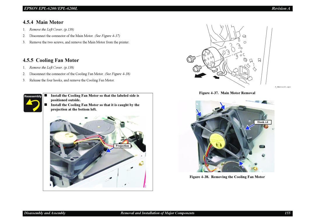 Epson EPL-6200L service manual Main Motor, Cooling Fan Motor 