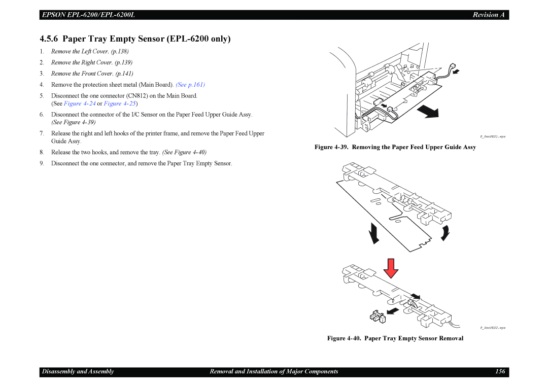 Epson EPL-6200L service manual Paper Tray Empty Sensor EPL-6200 only, Removing the Paper Feed Upper Guide Assy 