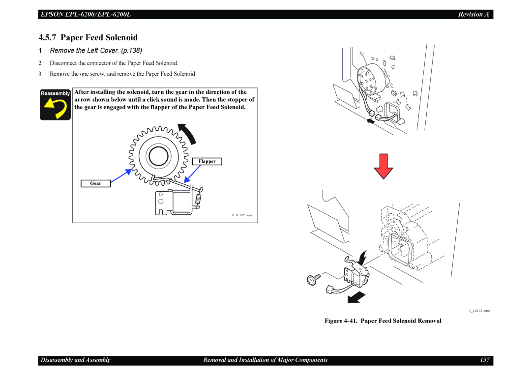 Epson EPL-6200L service manual Paper Feed Solenoid Removal 