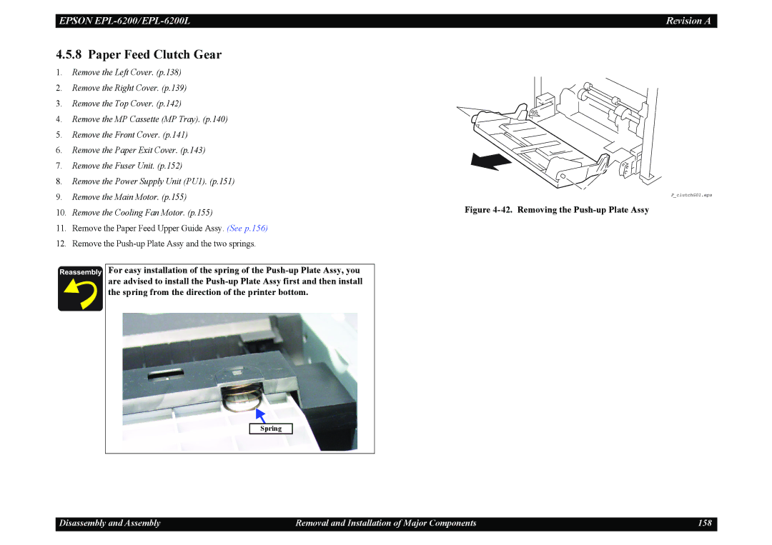 Epson EPL-6200L service manual Paper Feed Clutch Gear, Removing the Push-up Plate Assy 