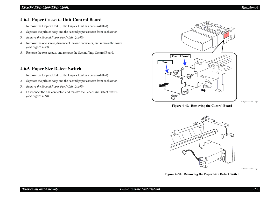 Epson EPL-6200L service manual Paper Cassette Unit Control Board, Paper Size Detect Switch 