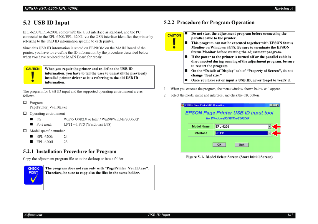 Epson EPL-6200L service manual USB ID Input, Installation Procedure for Program, Procedure for Program Operation 