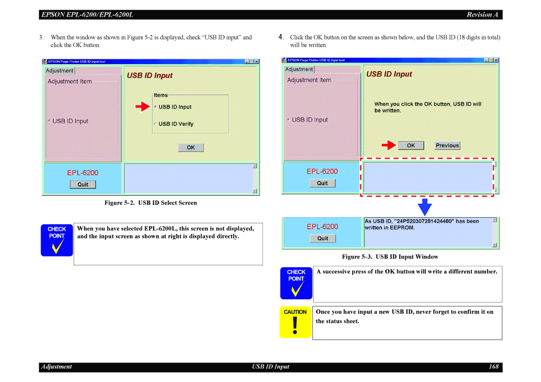 Epson EPL-6200L service manual Adjustment USB ID Input 168 