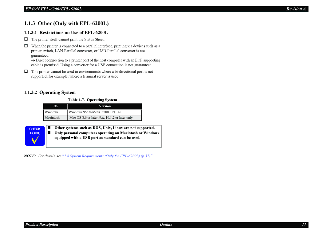 Epson service manual Other Only with EPL-6200L, Restrictions on Use of EPL-6200L, Operating System, Version 