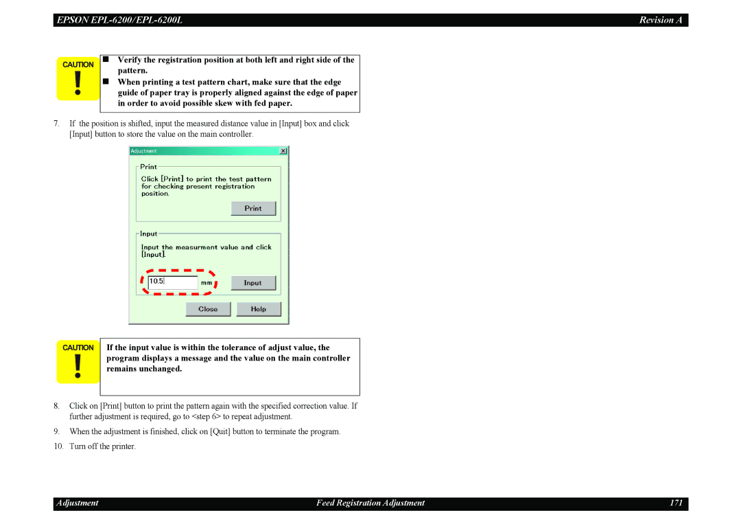 Epson EPL-6200L service manual Adjustment Feed Registration Adjustment 171 