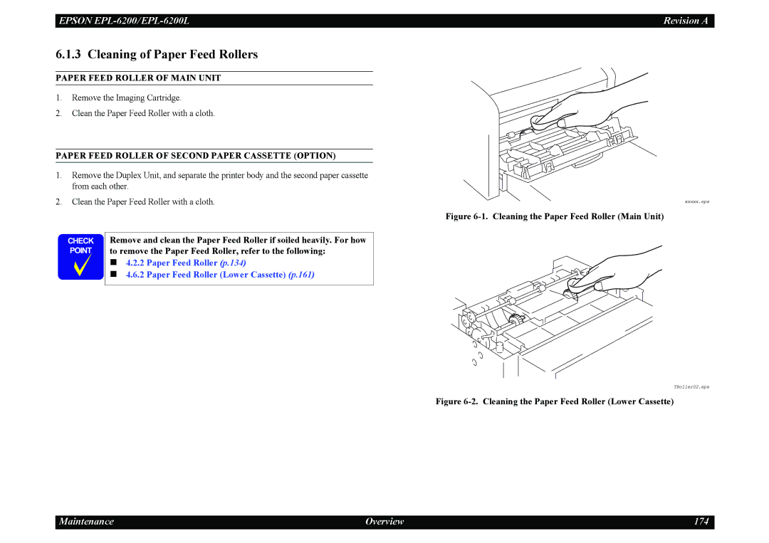 Epson EPL-6200L service manual Cleaning of Paper Feed Rollers, Paper Feed Roller of Main Unit 