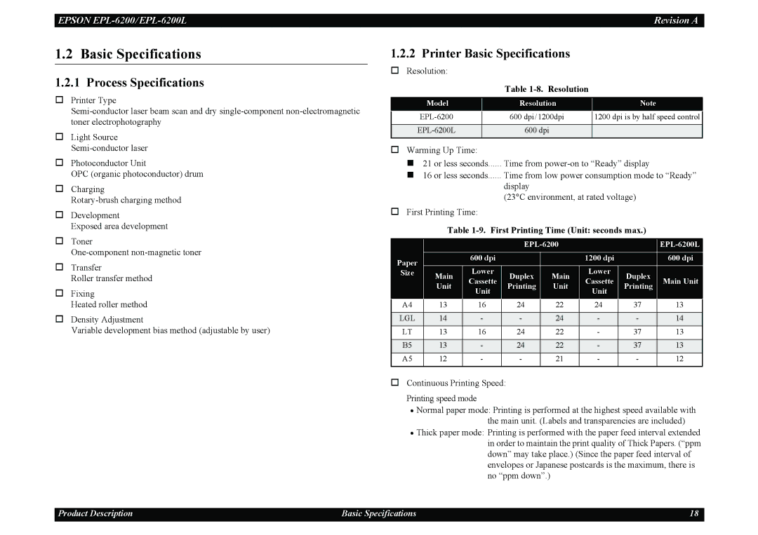 Epson EPL-6200 Process Specifications, Printer Basic Specifications, Resolution, First Printing Time Unit seconds max 