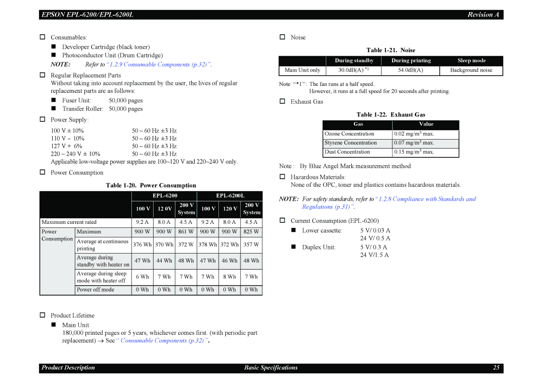 Epson EPL-6200L service manual Power Consumption, Noise, Exhaust Gas 