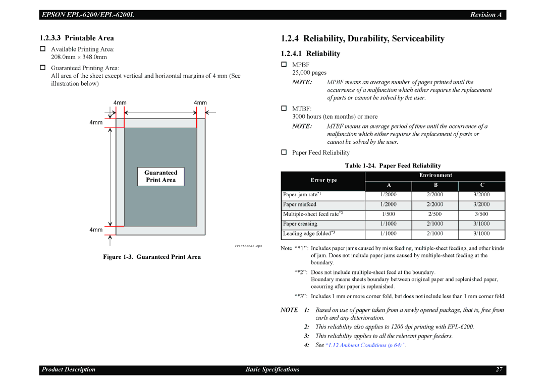 Epson EPL-6200L Reliability, Durability, Serviceability, Printable Area, Guaranteed Print Area, Paper Feed Reliability 